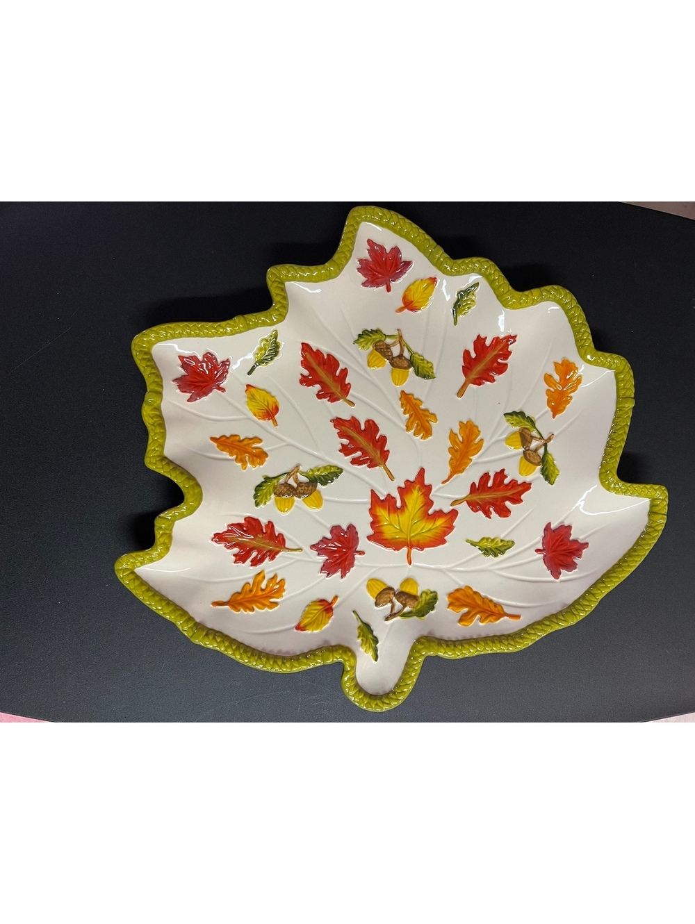 NEW Temp-Tations Tara Ceramic Fall Leaf Shaped Serving Platter with Acorn Oak